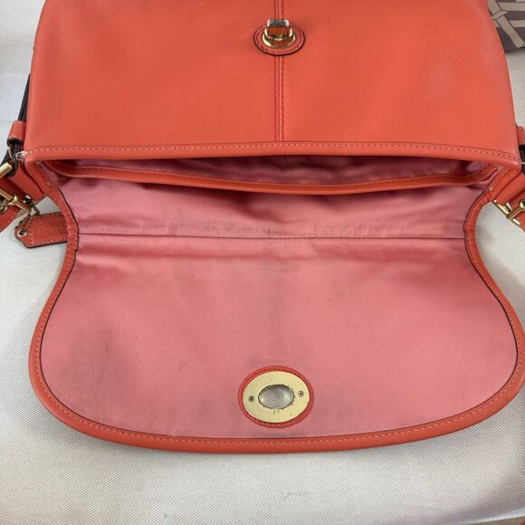 Auth Coach Leather Z23987 Medium Flap Shoulder Crossbody Duffle Bag Orange Coral - Picture 7 of 16